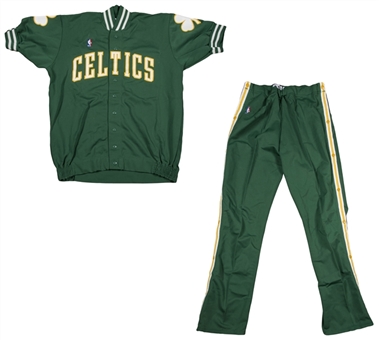 1986-87 Robert Parish Game Used and Signed Green Boston Celtics Warm-Up Suit (Jacket & Pants) (Beckett) 